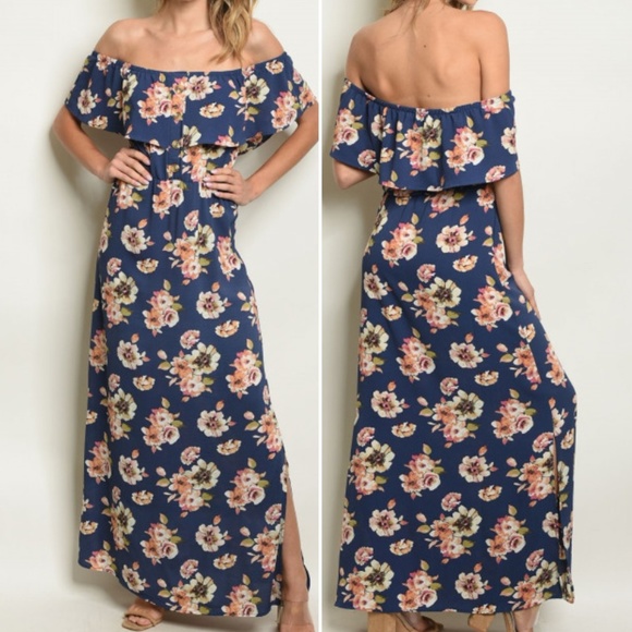 Trend Setter Diva Boutique Dresses & Skirts - NAVY FLORAL OFF SHOULDER MAXI DRESS